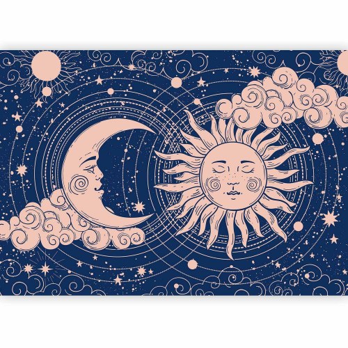 Fototapet Cosmic Harmony med sol og måne på marineblå baggrund