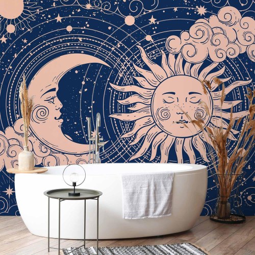 Fototapet Cosmic Harmony med sol og måne på marineblå baggrund