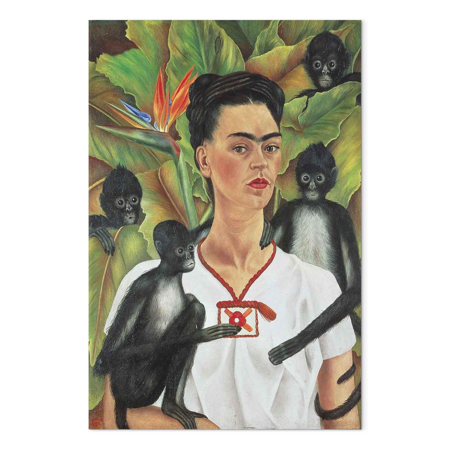 Billede på lærred Frida Kahlo - Selvportræt med aber - 60 x 90 cm - Akustisk