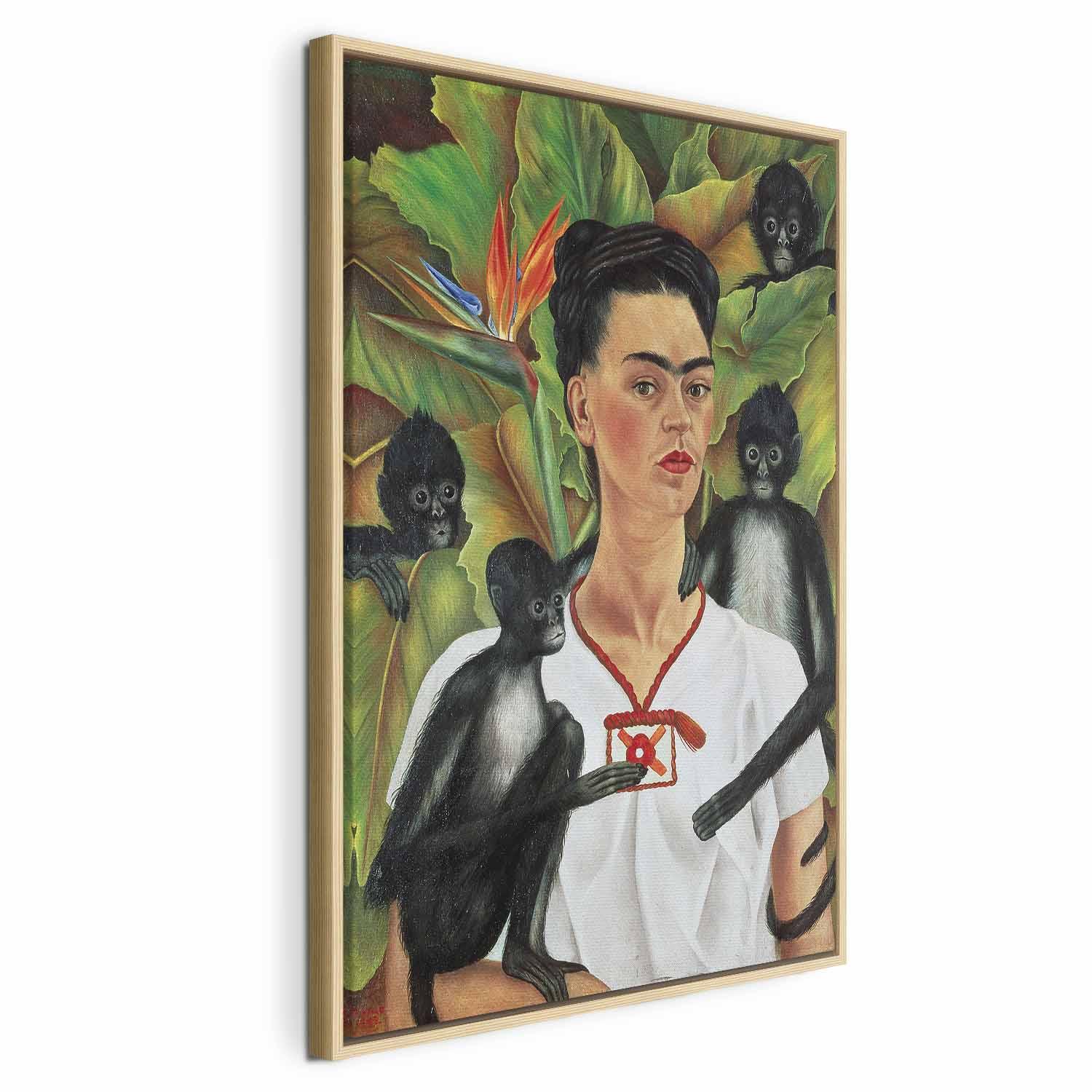 Billede på lærred Frida Kahlo - Selvportræt med aber - 40 x 60 cm - I en naturlig træramme