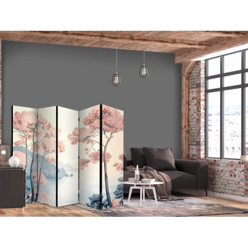 5-panels skærmvæg med landskab, havklipper og træer i sarte rosa nuancer 225 x 172 cm