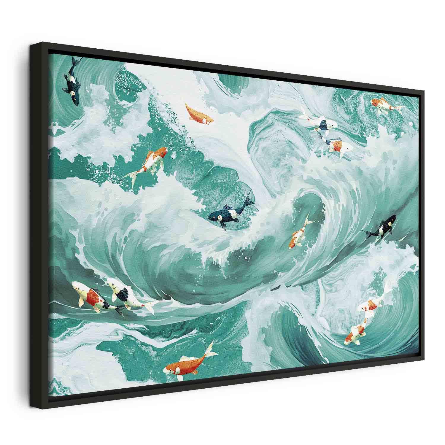 Lærredsbillede Fisk og bølger - 90 x 60 cm - I en sort træramme