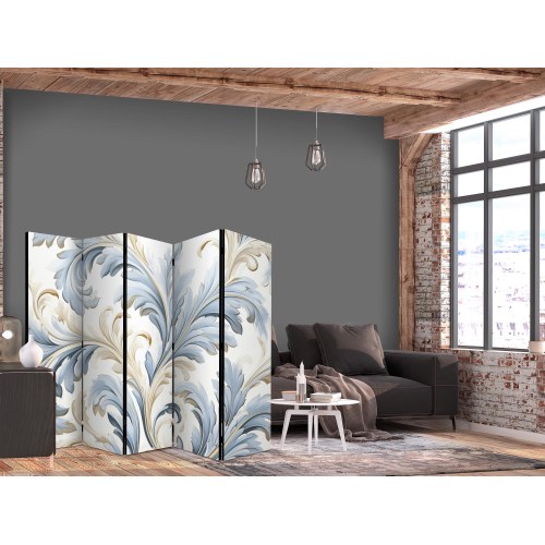 5-panels skærmvæg med barok blomsterdekor i lyse cremeblå nuancer 225 x 172 cm