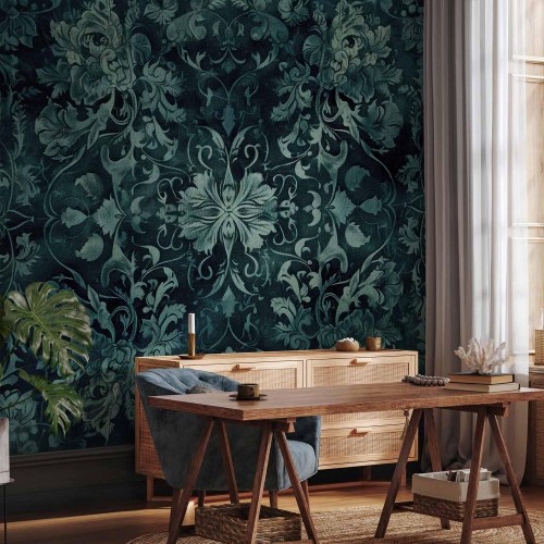 Fototapet med orientalsk mønster - smaragdgrønne ornamenter og slidt look