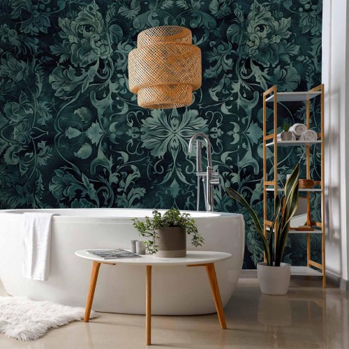 Fototapet med orientalsk mønster - smaragdgrønne ornamenter og slidt look