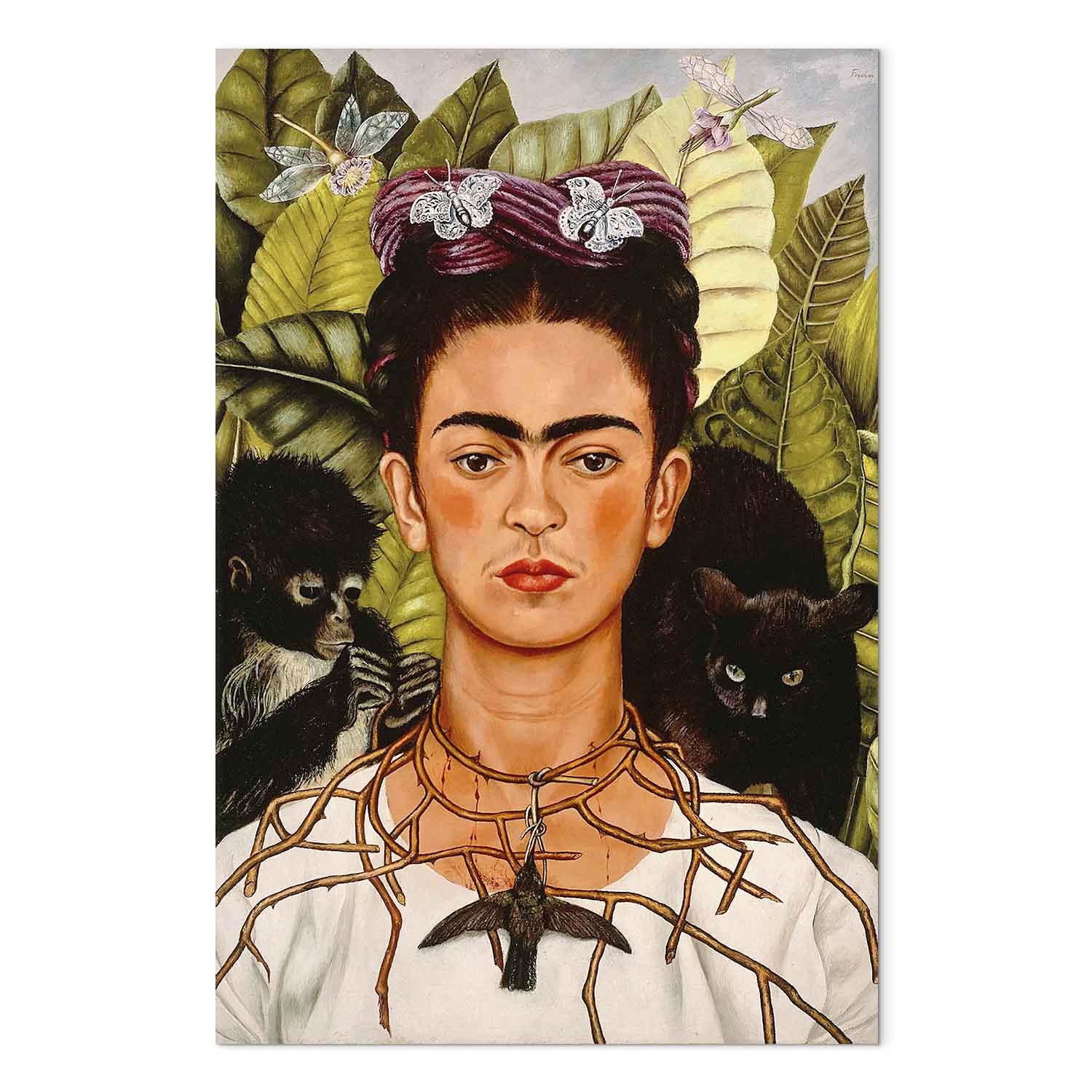 Frida Kahlo Selvportræt med tornhalskæde og kolibri lærredsbillede - 60 x 90 cm - Akustisk