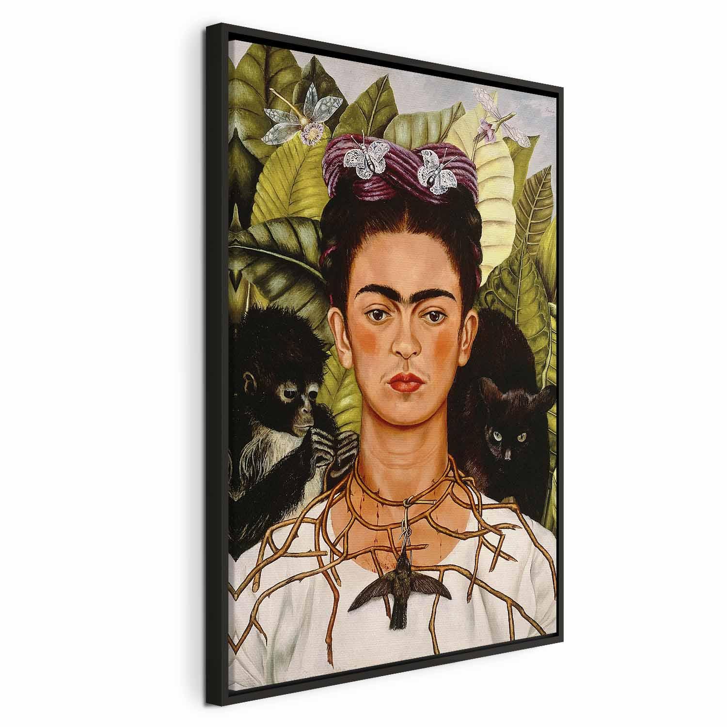 Frida Kahlo Selvportræt med tornhalskæde og kolibri lærredsbillede - 80 x 120 cm - I en sort træramme