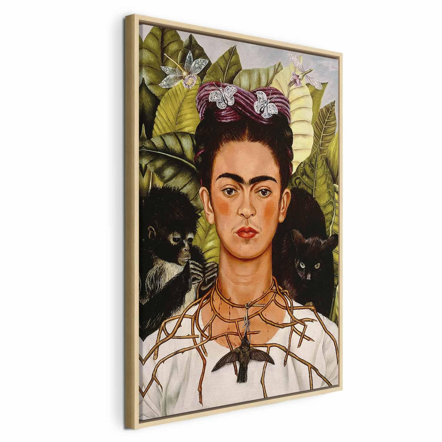 Frida Kahlo Selvportræt med tornhalskæde og kolibri lærredsbillede - 80 x 120 cm - I en naturlig træramme
