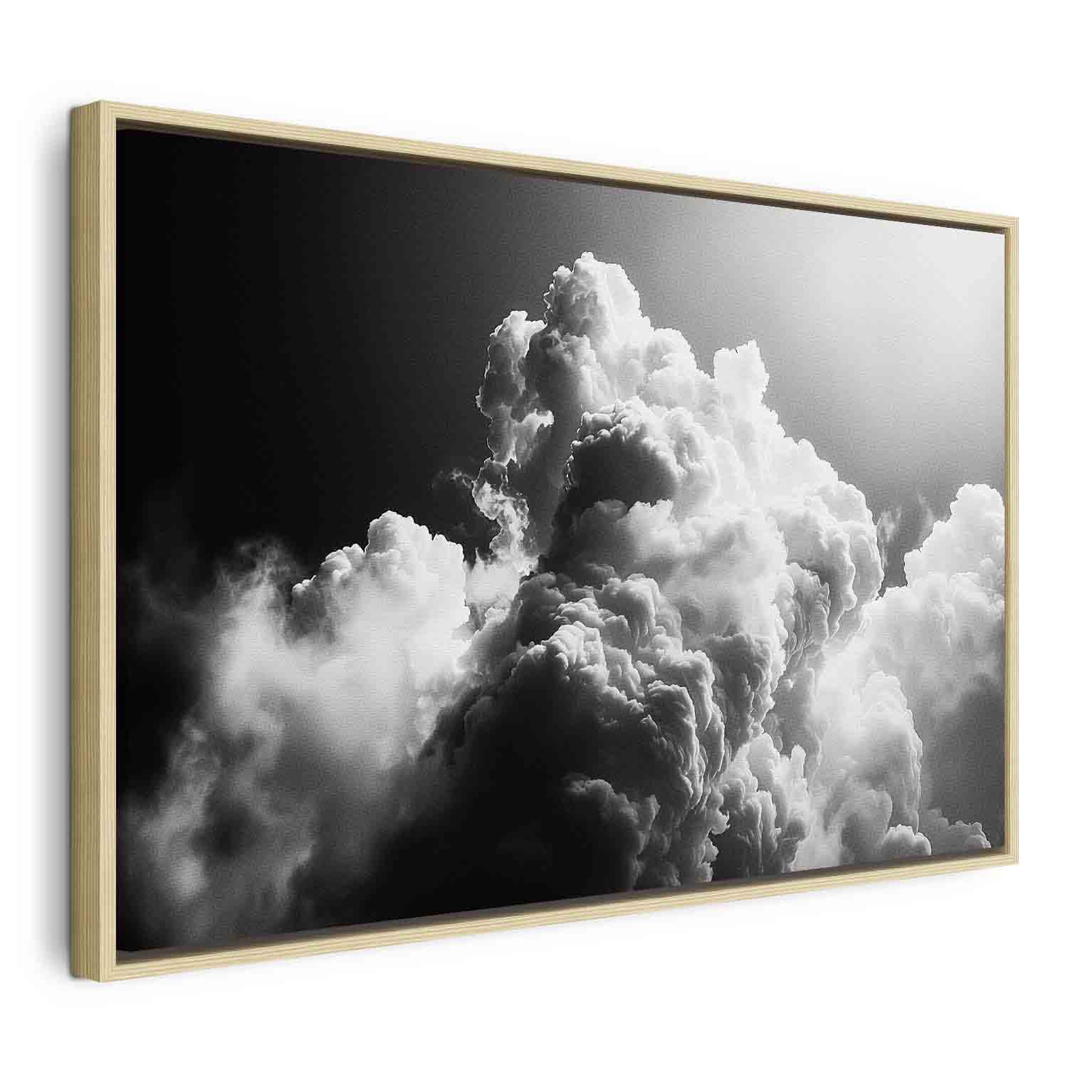 Lærredsbillede - Skyer som fra drømme: Lad solen oplyse din dag som stilfuld vægdekoration - 120 x 80 cm - I en naturlig træramme