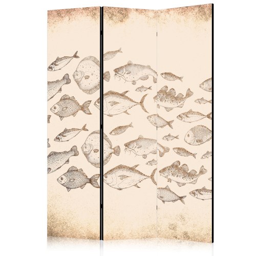 3-panels skærmvæg med fiskemotiv i vintage stil 135 x 172 cm