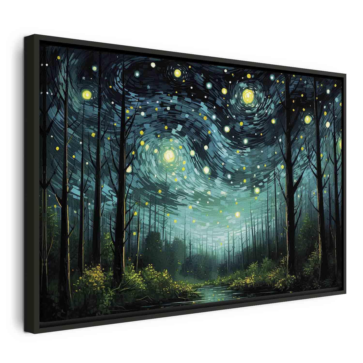 Lærredsbillede Stjernenat - moderne fortolkning af nattehimmel og landskab - 90 x 60 cm - I en sort træramme billede