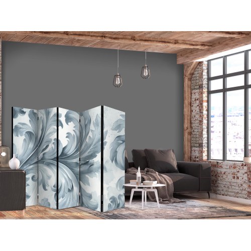 5-panels skærmvæg med barok blomsterdesign i lyse grå og blå nuancer 225 x 172 cm