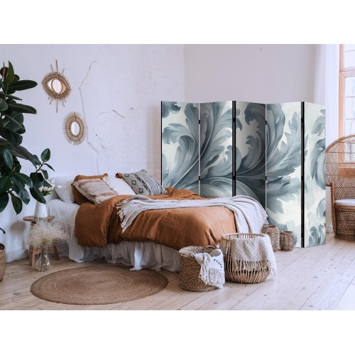 5-panels skærmvæg med barok blomsterdesign i lyse grå og blå nuancer 225 x 172 cm