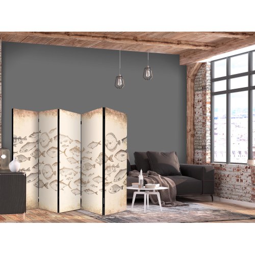 5-panels rumdeler med fiskemotiv 225 x 172 cm - vintage beige
