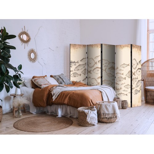 5-panels rumdeler med fiskemotiv 225 x 172 cm - vintage beige