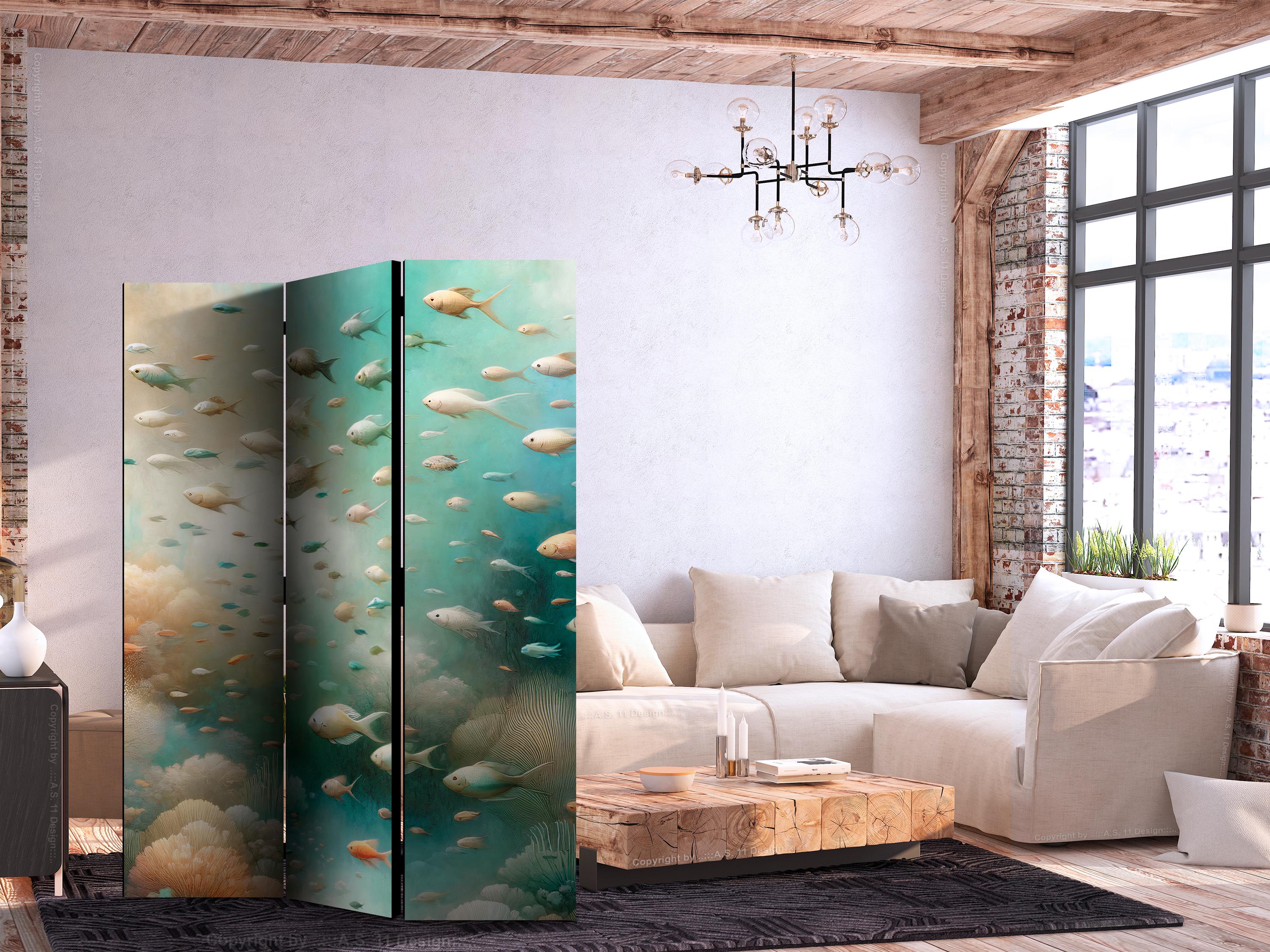 Skærmvæg med undervandsmotiv og fisk 135 x 172 cm - 3 paneler