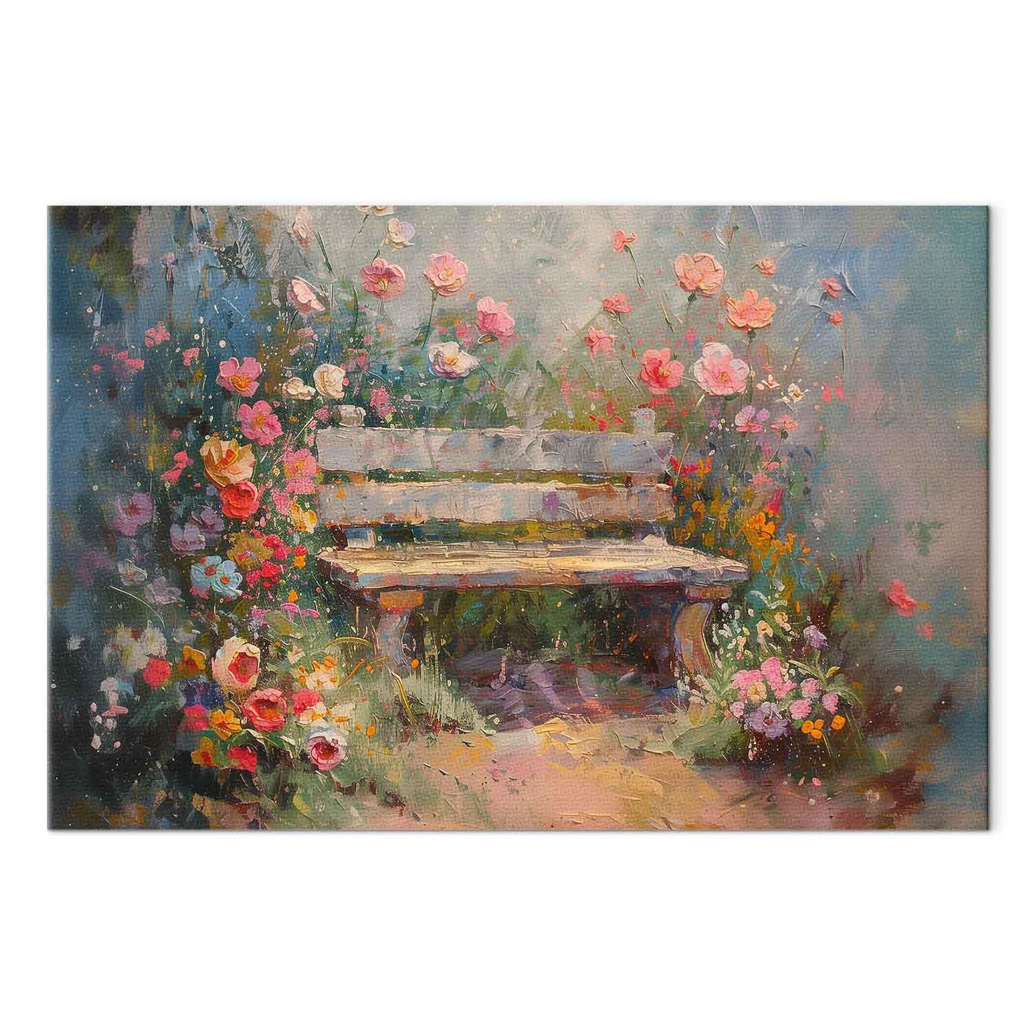 Billede på lærred - Blomstrende bænk, impressionistisk landskab med blomster - 120 x 80 cm - Akustisk