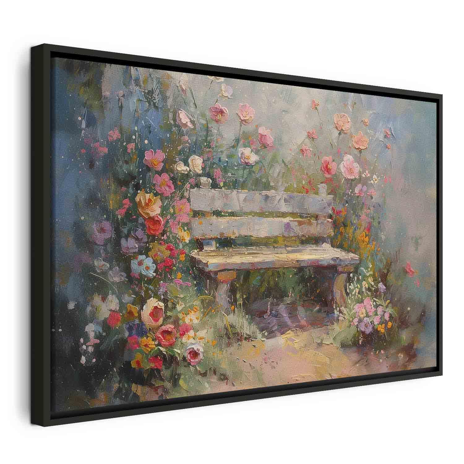 Billede på lærred - Blomstrende bænk, impressionistisk landskab med blomster - 120 x 80 cm - I en sort træramme