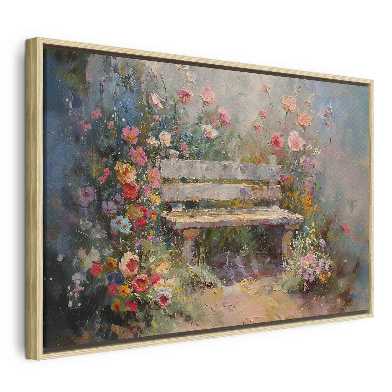 Billede på lærred - Blomstrende bænk, impressionistisk landskab med blomster - 120 x 80 cm - I en naturlig træramme