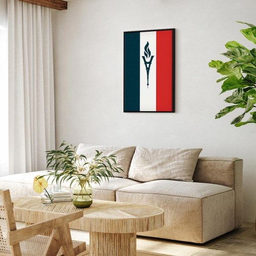 Lærredsbillede med fakkel foran det franske flag