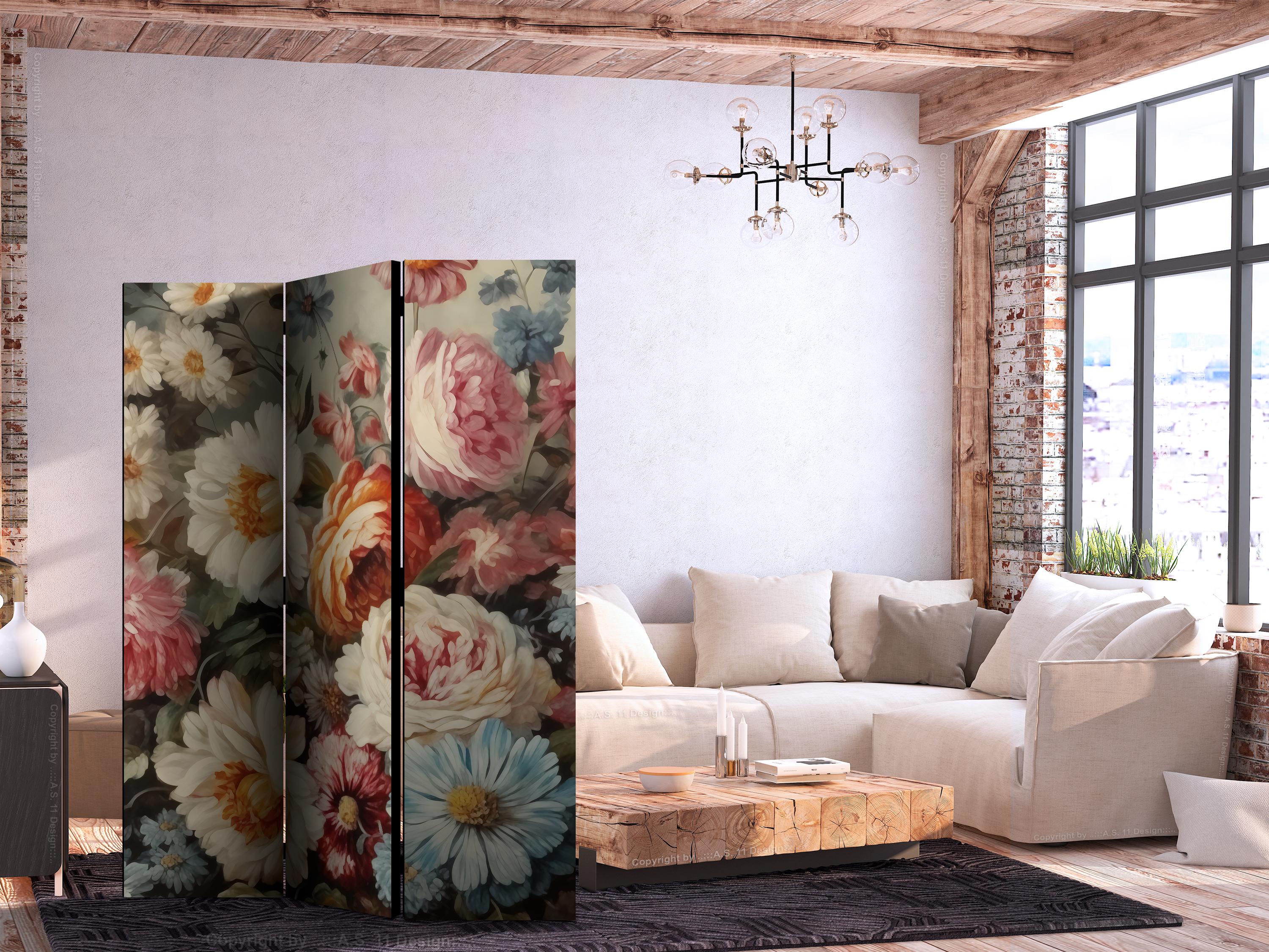 Skærmvæg Scent of Nature med smukke haveblomster i pastelfarver 135 x 172 cm