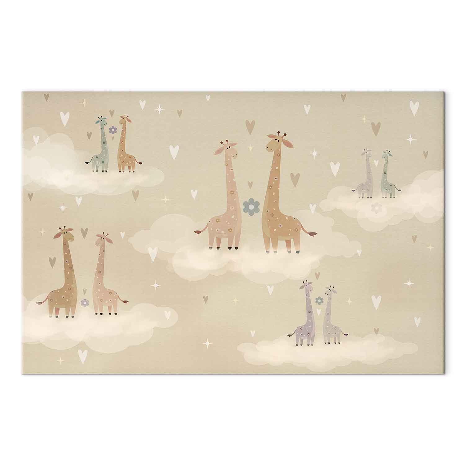 Lærredsbillede Love - farverige giraffer på skyer til børneværelset - 30 x 20 cm - Akustisk