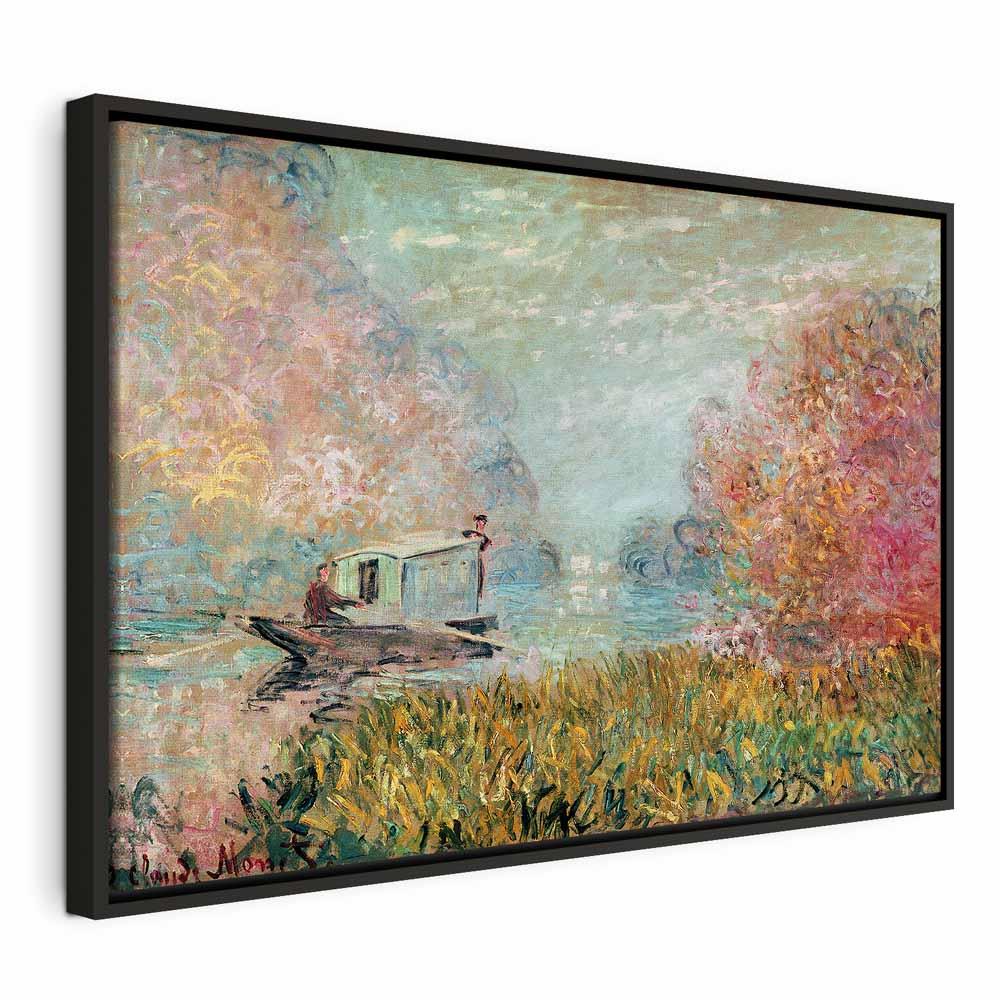 Claude Monet Båd på Seinen reproduktion på lærred - 90 x 60 cm - I en sort træramme billede
