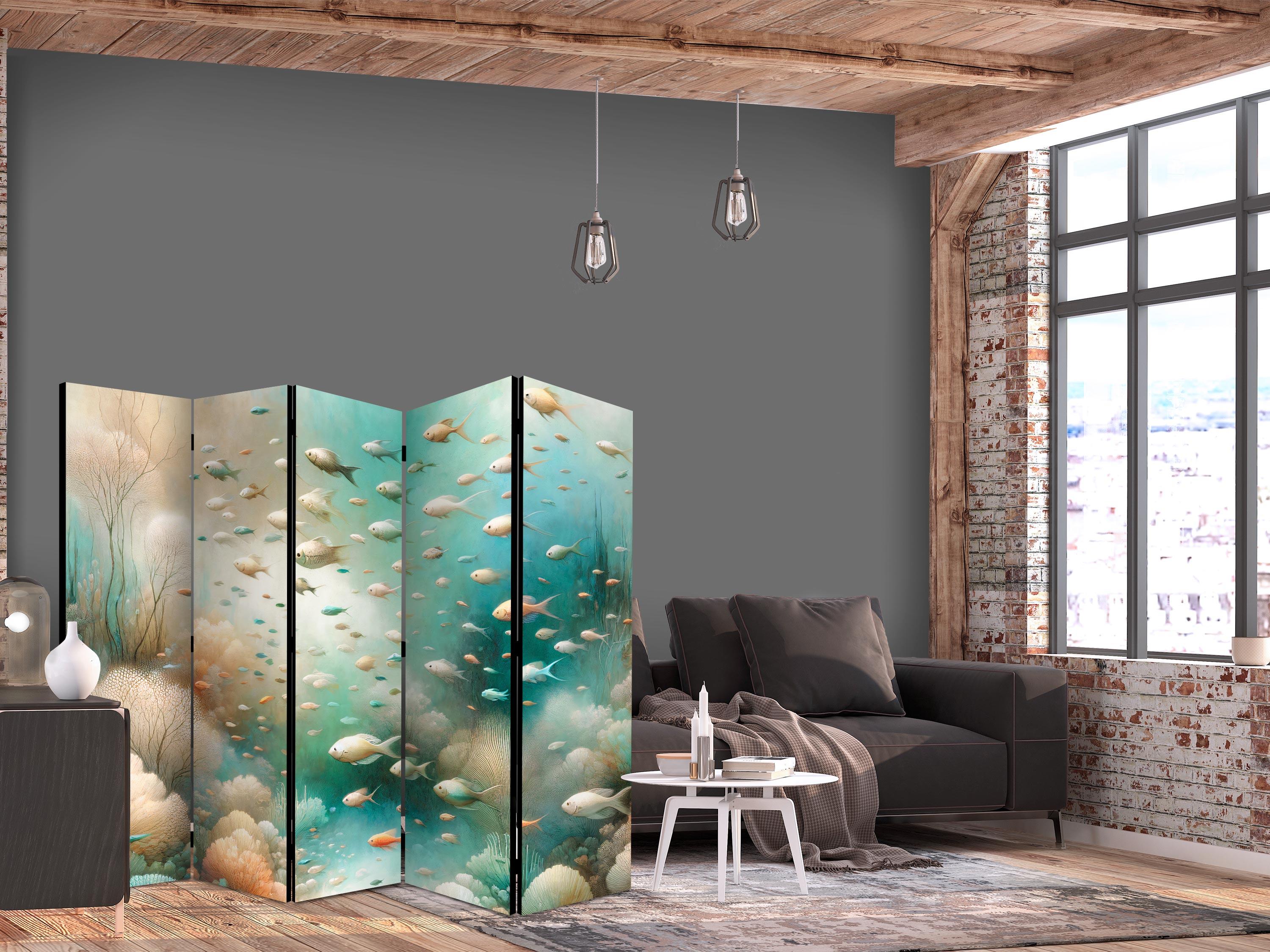 5-panels rumdeler med undervandsmotiv og fisk 225 x 172 cm