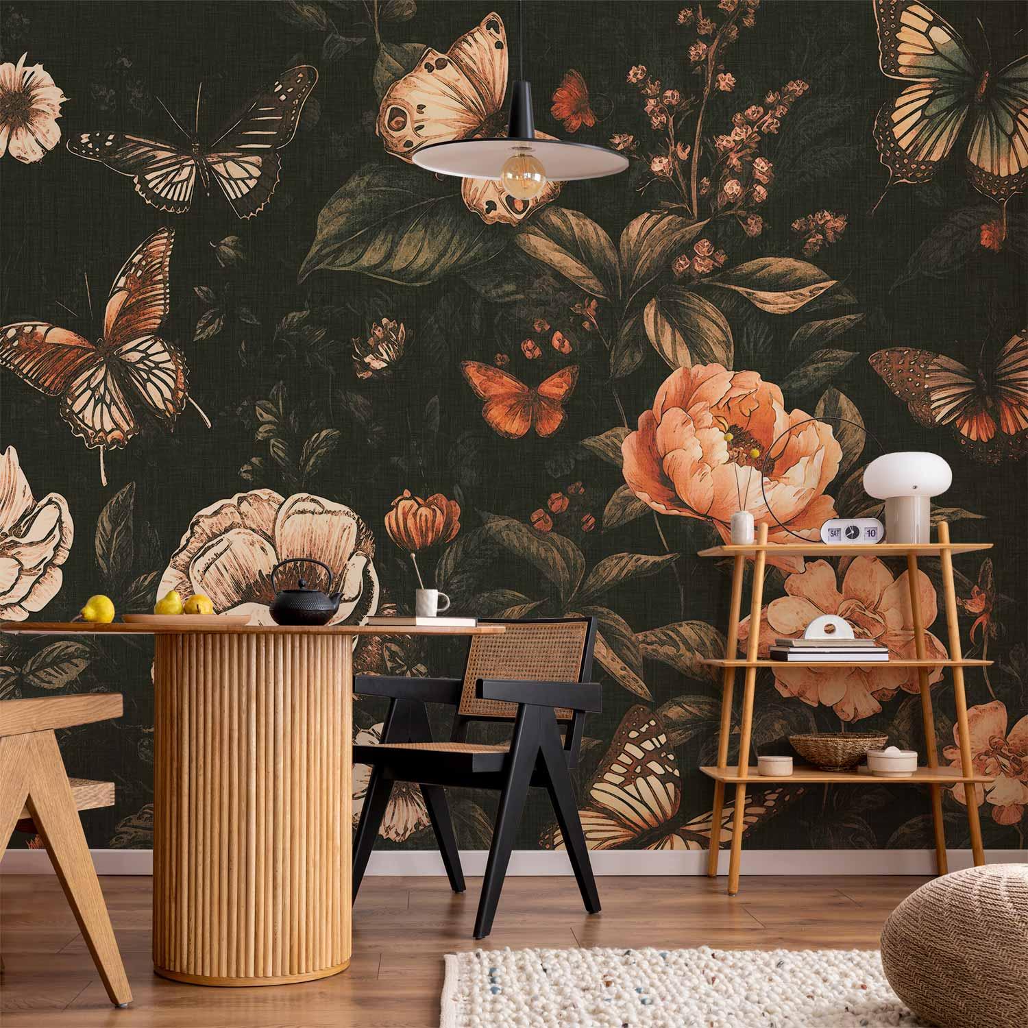 Fototapet Rustik have - blomstertapet med sommerfugle, fås i Standard, Premium, Selvklæbende og Vandtæt - 400 x 280 cm - Vandtæt