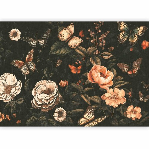 Fototapet Rustik Have med Blomster og Sommerfugle