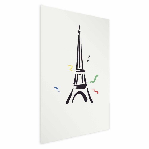 Plakat med sort illustration af Eiffeltårnet på lys baggrund
