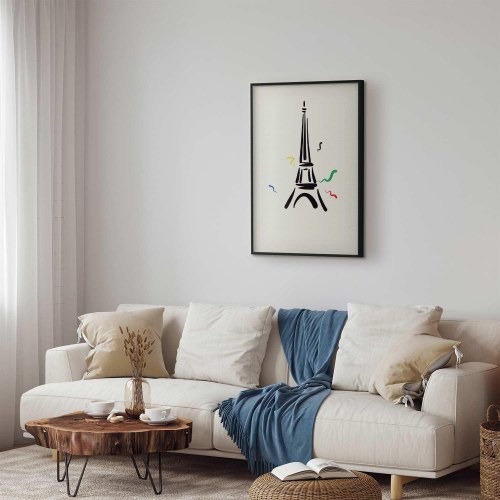 Plakat med sort illustration af Eiffeltårnet på lys baggrund