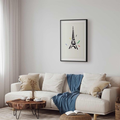 Plakat med sort illustration af Eiffeltårnet på lys baggrund
