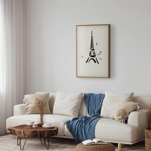 Plakat med sort illustration af Eiffeltårnet på lys baggrund