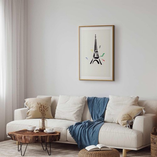 Plakat med sort illustration af Eiffeltårnet på lys baggrund