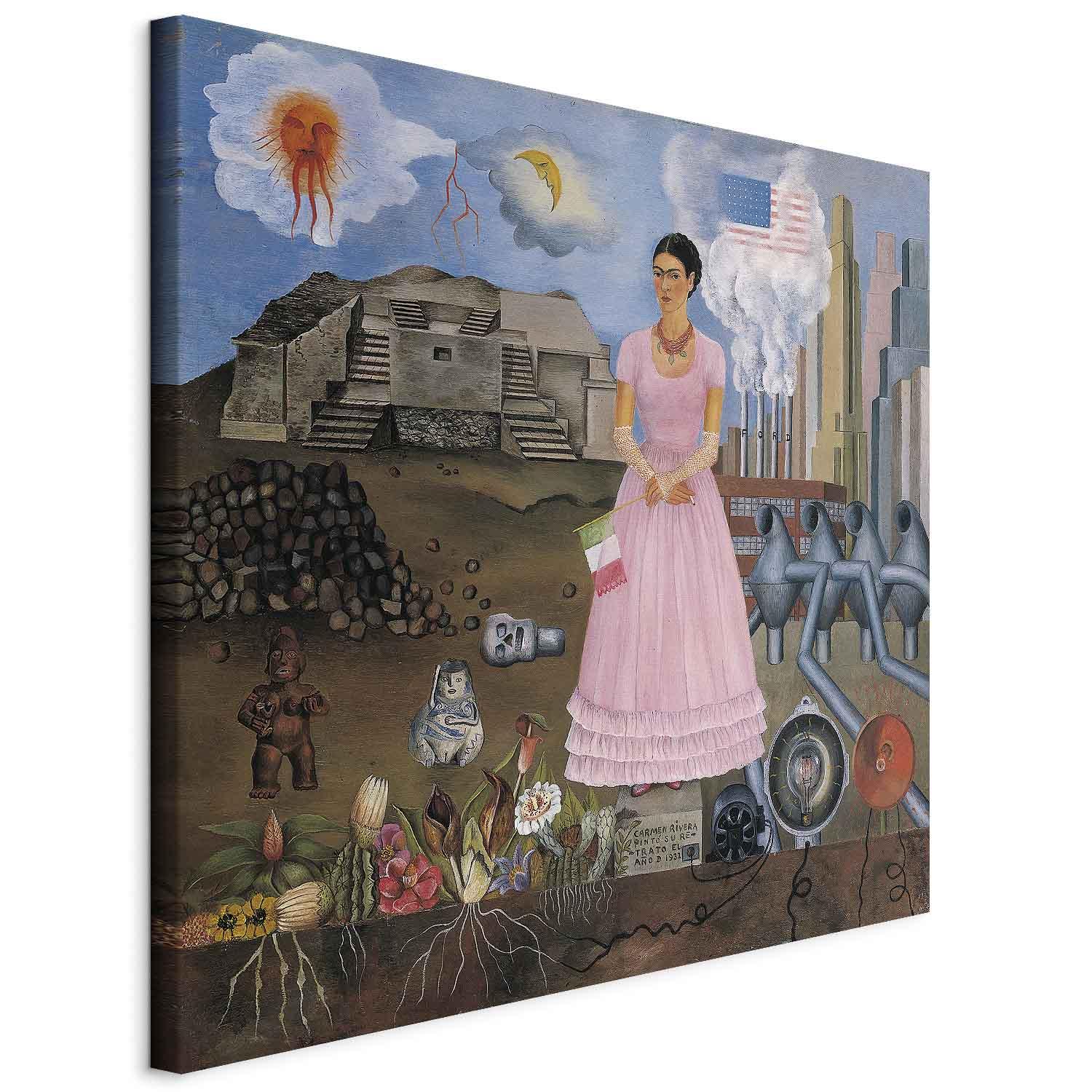 Frida Kahlo selvportræt på grænsen mellem Mexico og USA lærredsbillede 40 x 40 cm