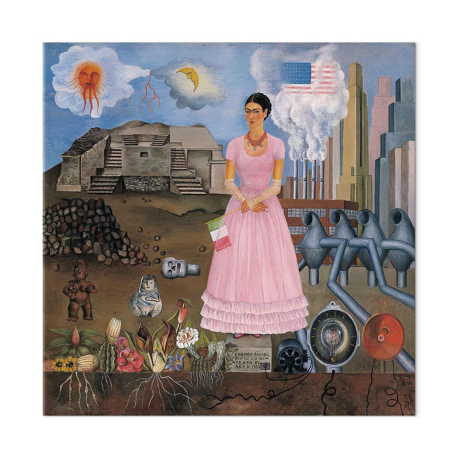 Frida Kahlo selvportræt på grænsen mellem Mexico og USA lærredsbillede 40 x 40 cm - 40 x 40 cm - Akustisk