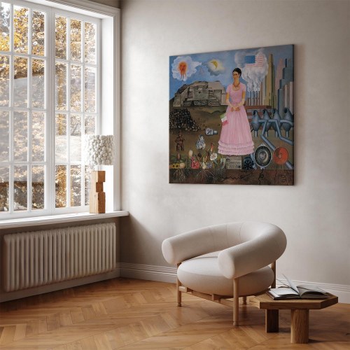 Frida Kahlo selvportræt på grænsen mellem Mexico og USA lærredsbillede 40 x 40 cm
