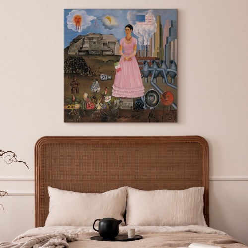 Frida Kahlo selvportræt på grænsen mellem Mexico og USA lærredsbillede 40 x 40 cm