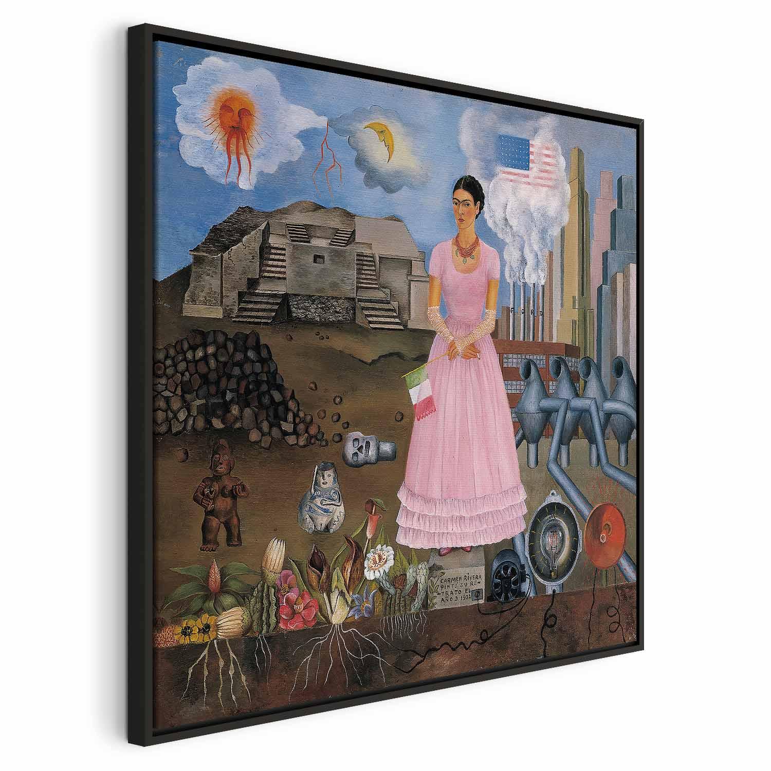 Frida Kahlo selvportræt på grænsen mellem Mexico og USA lærredsbillede 40 x 40 cm - 80 x 80 cm - I en sort træramme