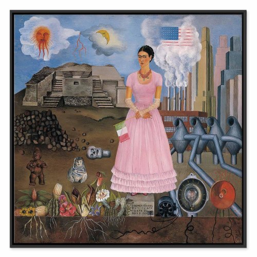 Frida Kahlo selvportræt på grænsen mellem Mexico og USA lærredsbillede 40 x 40 cm