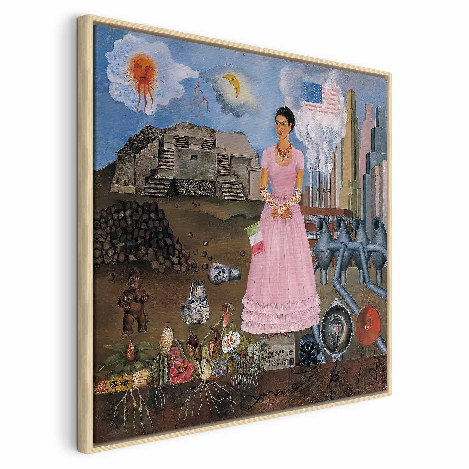 Frida Kahlo selvportræt på grænsen mellem Mexico og USA lærredsbillede 40 x 40 cm - 40 x 40 cm - I en naturlig træramme