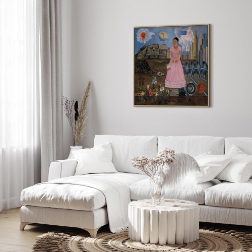 Frida Kahlo selvportræt på grænsen mellem Mexico og USA lærredsbillede 40 x 40 cm