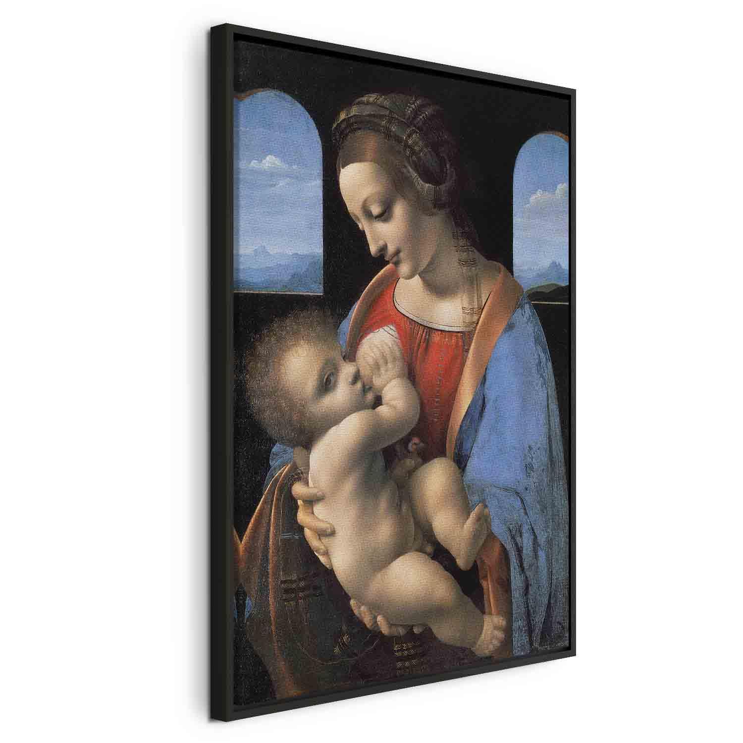 Leonardo da Vinci Madonna Litta billede på lærred - 80 x 120 cm - I en sort træramme