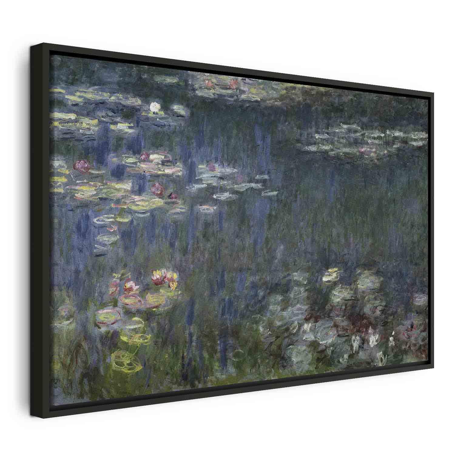Claude Monet Åkander: Grønne Refleksioner lærredsbillede - 90 x 60 cm - I en sort træramme billede