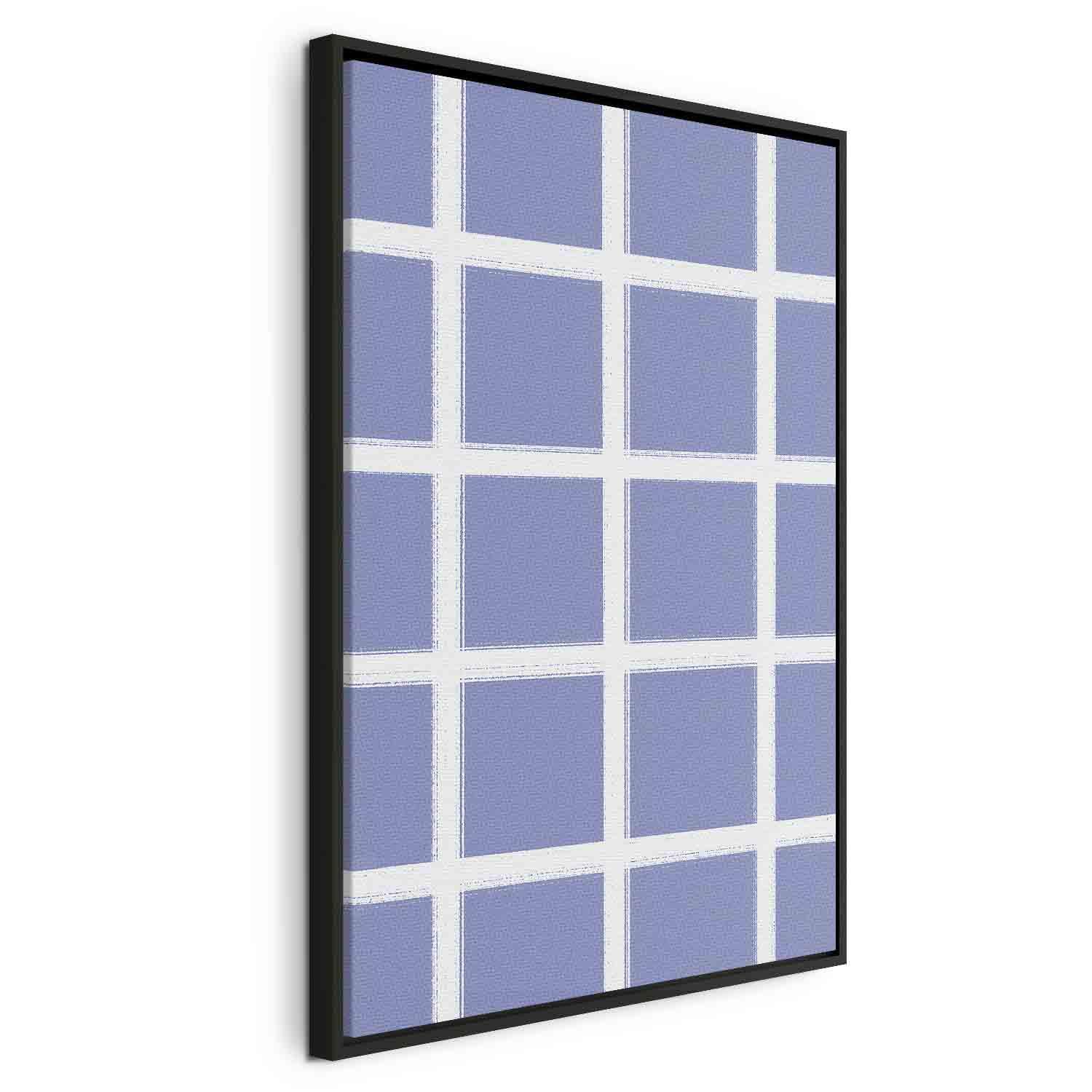 Billede på lærred - Linjer og symmetri med hvidt gitter på blå baggrund - 60 x 90 cm - I en sort træramme
