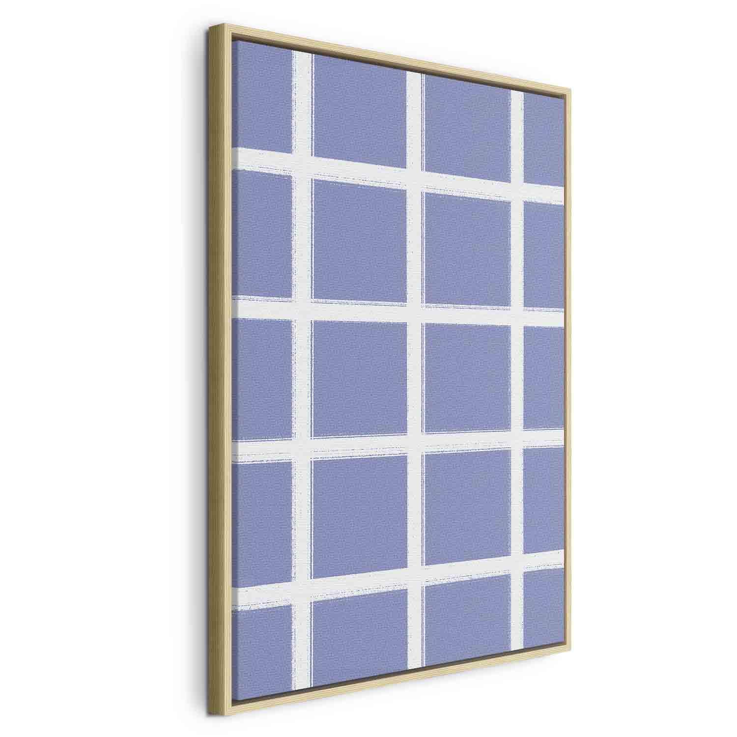 Billede på lærred - Linjer og symmetri med hvidt gitter på blå baggrund - 60 x 90 cm - I en naturlig træramme