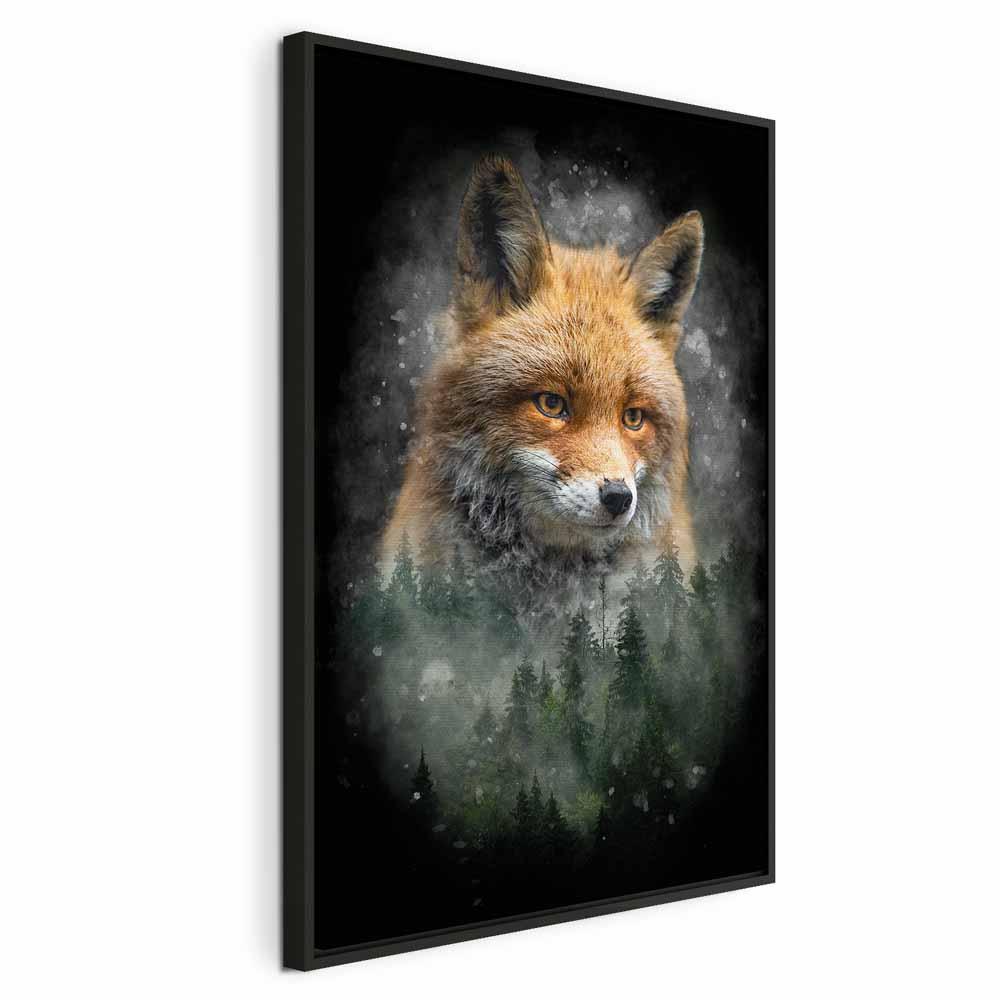 Lærredsbillede Forest Life lodret med ræv - 60 x 90 cm - I en sort træramme