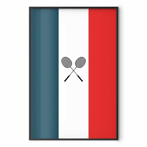 Plakat med fransk flag og sorte badmintonketsjere