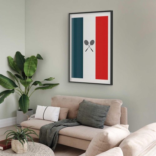 Plakat med fransk flag og sorte badmintonketsjere